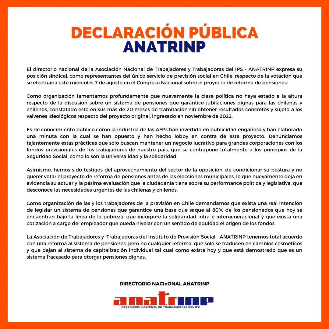 DECLARACIÓN PÚBLICA ANATRINP FRENTE A LA VOTACIÓN DE REFORMA DE PENSIONES Las y los chilenos no pueden seguir esperando por pensiones dignas, la clase política no ha estado a la altura #pensionesdignas #seguridadsocial <a href="/anefchile/">ANEF</a> <a href="/jeannette_jara/">Jeannette Jara Román</a> <a href="/MintrabChile/">Trabajo y Previsión Social</a> <a href="/Camara_cl/">Diputadas y Diputados de Chile</a>