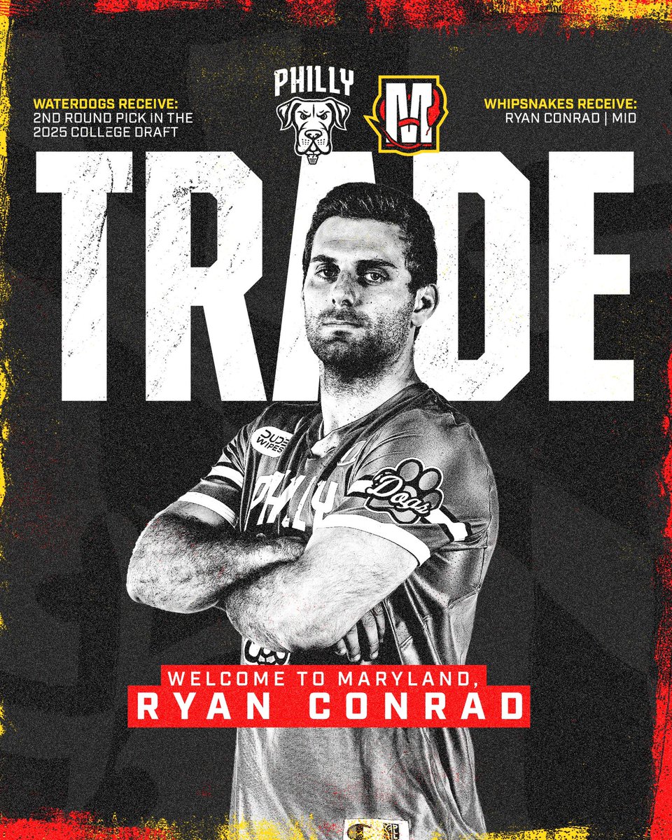Welcome to the Whips, RC! 🐍👏 

We have traded our Second Round Pick in the 2025 PLL College Draft to the Philadelphia Waterdogs in exchange for midfielder Ryan Conrad!