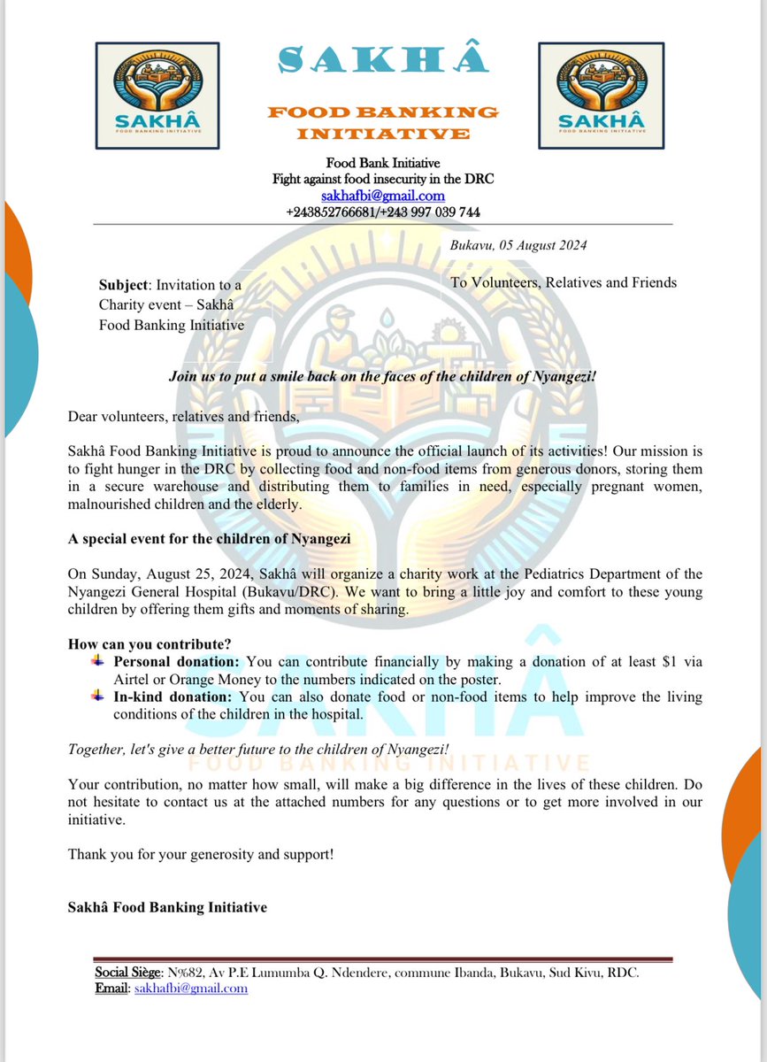 SakhaFBI's tweet photo. 📣📣Join Sakhâ Food Banking Initiative to help the children of Nyangezi!
****************************************
On August 25, we are organising a charity event🎗️at the Nyangezi hospital🏥. Together, let's give children a better future 👦👧! Stop #Food_Insecurity @foodbanking https://t.co/sUMJMfvSzq