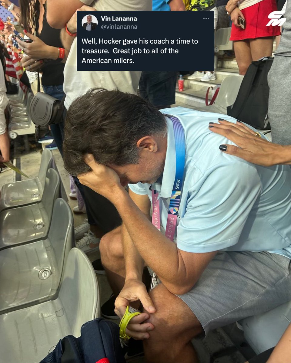 CitiusMag's tweet image. Somebody check on Ben Thomas 💝 
 
@cole_hocker’s coach since his freshman year at Oregon was in the stands for his star pupil’s Olympic 1500m victory. Talk about a moment to remember. 🥲