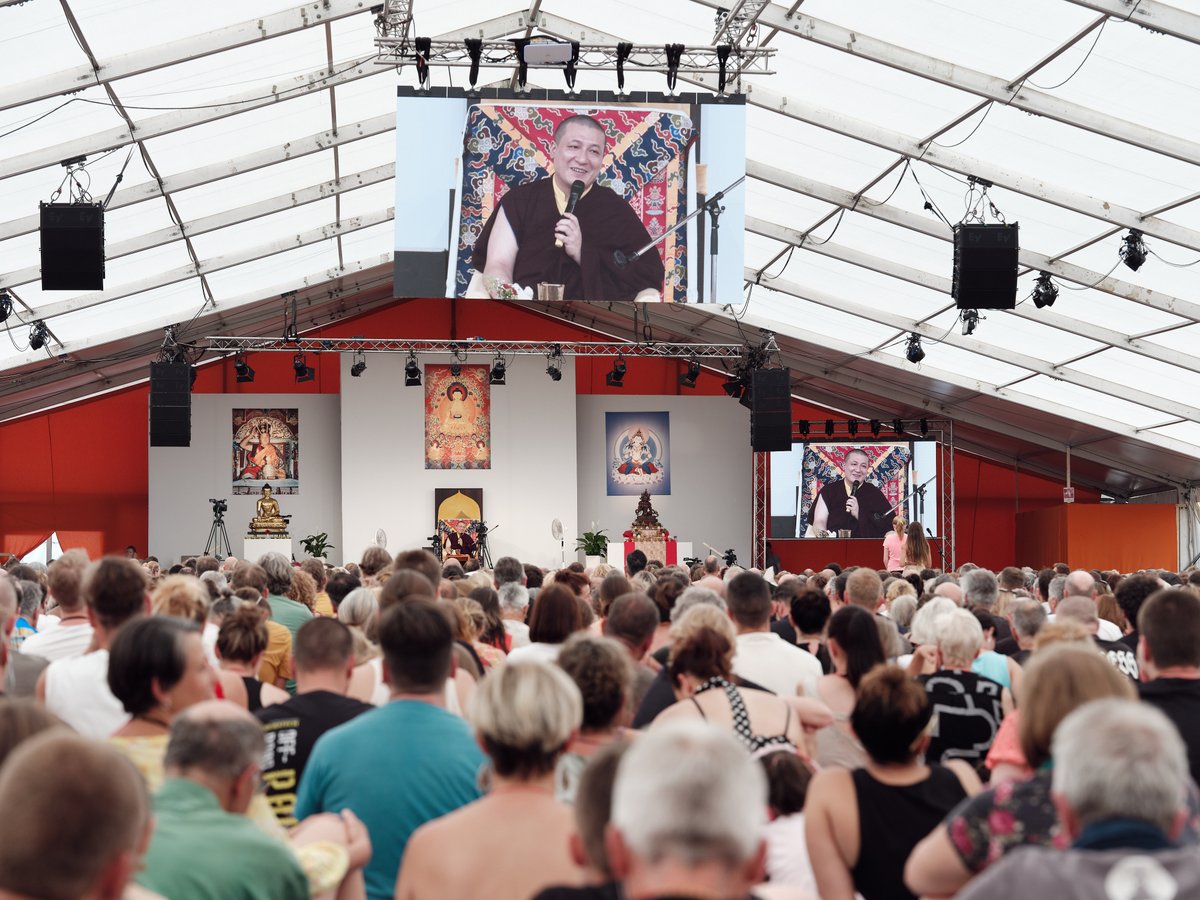 karmapaorg's tweet photo. Thaye Dorje, His Holiness the 17th Gyalwa Karmapa, arrived at the Europe Center, international meeting place for Diamond Way Buddhists from around the world, late in the evening of the 23rd of July, 2024.

Karmapa’s programme in the Europe Center was part of the 2024 International Summer Course. This two-week course is held at the Europe Center every year, and offers Dharma friends from around the world the opportunity to come together, meet with their beloved teacher Lama Ole Nydahl, practice and share the Buddha Dharma, and further strengthen their bonds of friendship.

During his stay at the Europe Center, Karmapa gave two Dharma talks on the topic of the practice of Guru Yoga, followed by extensive question-and-answer sessions covering a wide range of subjects.

On Thursday, the 25th of July, he granted the empowerment of Buddha Amitabha (the Buddha of Infinite Light), Lord of the Pure Land of Dewachen.

Two days later, on the 27th of July, he transmitted the empowerment of Vajrasattva (Tib. Dorje Sempa), the wisdom aspect associated with the purification of veils and negativities, to a gathering of over 7,000 practitioners. Karmapa once again took time to explain the various stages of the ritual and emphasised the importance of taking refuge and developing Bodhicitta as the core of any Buddhist practice.

During his time at Europe Center, Karmapa paid several private visits to Lama Ole.

He also took time for meetings with various teams and groups and gave them advice on how to best carry forward the vast activity established by Lama Ole and his late wife Hannah over the last 50 years. On several occasions during these meetings he expressed his sincere appreciation for the enthusiasm of the Diamond Way practitioners, and for their unwavering devotion to their spiritual friend, Lama Ole Nydahl.

Karmapa departed the Europe Center by car on the afternoon of the 30th of July. His first stop was Schwarzenberg Bodhi Path Buddhist Center in Allgäu. There he was given a guided tour of the centre, followed by tea and a lively exchange with the group of practitioners who had gathered to receive him there.

He then set out for Dhagpo Möhra, in Thuringia, Germany.

https://t.co/oTbbW9H1xj