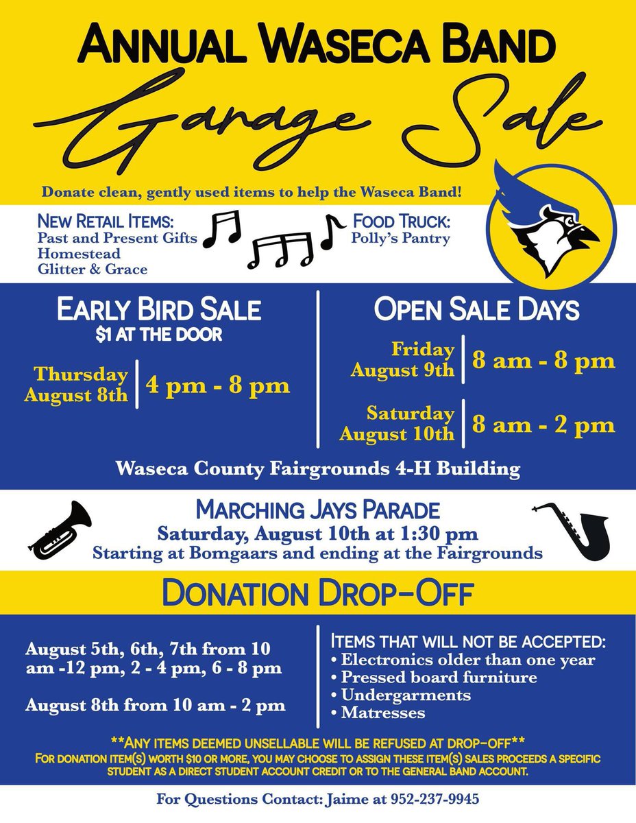 WasecaBands's tweet photo. Calling all people in the Waseca area!!! Needing to get rid of some things in your attic? Boxes piling up in you garage? Bring them on out to our Band Garage sale! https://t.co/79dUbGvzF5