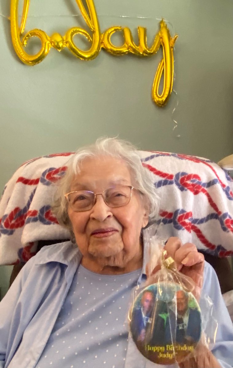 shellsz's tweet photo. Hi Don! This is my grandma, she turned 104 today! She is the biggest Padres fan and watches all the games. Wondering if you could give her a shout out? Her name is Judy. I made her this cookie with you and Mud on it :) @DonOrsillo @Padres https://t.co/pkiaJXcrEz