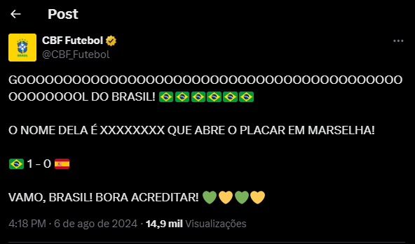CentralDoBrega's tweet photo. • Gol aos 6 minutos
• Tweet somente aos 18
• Não mudaram nem o nome da jogadora que marcou, só copiaram e colaram

Esse é o nível da confederação do nosso país 👍🇧🇷 https://t.co/zyc8Oa7Dqk