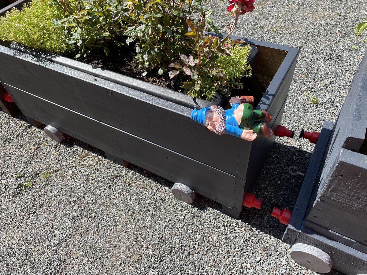 The little people have come to Trevarno Station. On the way to Truthall see if you can spot them as you travel through Trevarno on the left. On the platform there’s the flower train. See if a naughty gnome had had more than he could handle.