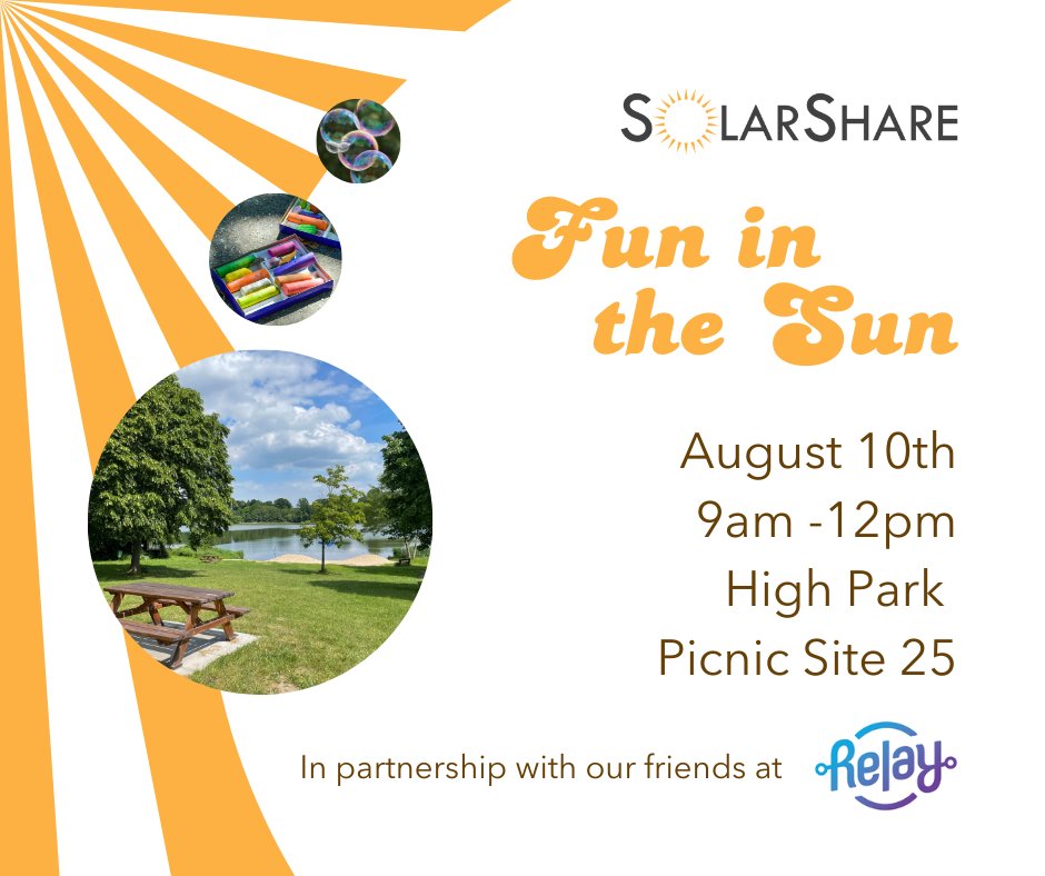 SolarShare (@solarshare) on Twitter photo On Aug. 10th, stop by High Park Picnic Site #25 from 9am to 12pm for a fun family event!
Directions: shorturl.at/wvF6h
We'll have breakfast, beverages, and fun activities from our friends at <a href="/RelayEducation/">Relay Education</a> .
RSVP here: shorturl.at/fA5BE On Aug. 10th, stop by High Park Picnic Site #25 from 9am to 12pm for a fun family event!
Directions: shorturl.at/wvF6h
We'll have breakfast, beverages, and fun activities from our friends at <a href="/RelayEducation/">Relay Education</a> .
RSVP here: shorturl.at/fA5BE