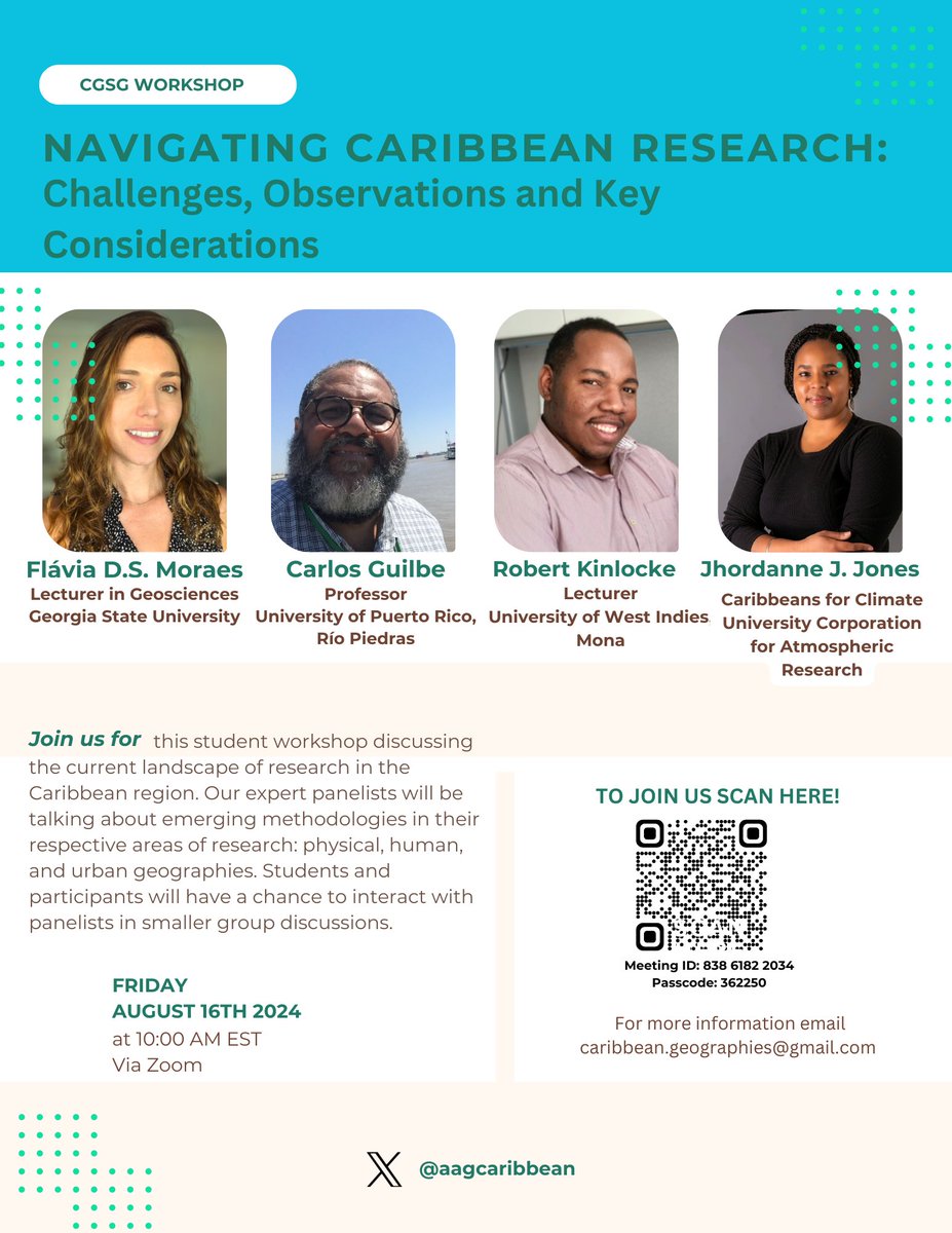 AAG Caribbean Geography Specialty Group (@aagcaribbean) on Twitter photo Next Friday August 16 at 10am EST, CGSG will be hosting a student workshop on Navigating Caribbean Research. Students/participants will have the opportunity to spend some time with our panelist in smaller sessions. More details in the attached flyer.
<a href="/theAAG/">American Association of Geographers</a>
<a href="/CLAGGeography/">CLAG Geography</a> Next Friday August 16 at 10am EST, CGSG will be hosting a student workshop on Navigating Caribbean Research. Students/participants will have the opportunity to spend some time with our panelist in smaller sessions. More details in the attached flyer.
<a href="/theAAG/">American Association of Geographers</a>
<a href="/CLAGGeography/">CLAG Geography</a>