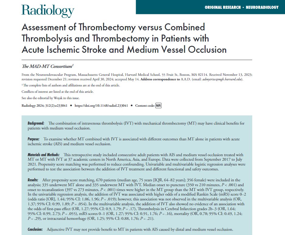 hamza_isleem's tweet image. Hot off press! 

Check out our latest study @radiology_rsna on 1,068 #DMVO #Stroke patients, which shows that adding #IVT to #MT doesn't improve functional independence, successful reperfusion, mortality, or #ICH outcomes. 

Check out the full paper:
pubs.rsna.org/doi/10.1148/ra…