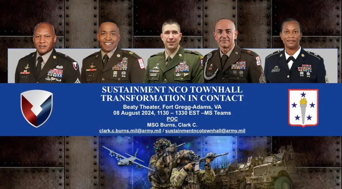 CASCOM_CSM's tweet image. Join us this Thursday at Beaty Theater on Fort Gregg-Adams for the Sustainment NCO Townhall or virtually on MS Teams from 1130-1330 EST.

#SustainmentNCOTownhall
#SupportStartsHere
#BeAllYouCanBe