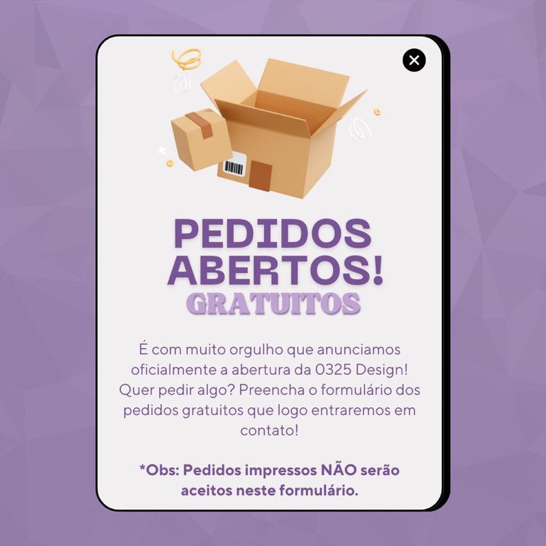 ✦ PEDIDOS ABERTOS: GRATUITOS 

✦ Quer fazer uma arte digital personalizada de forma gratuita? É só preencher o formulário abaixo com atenção. ⤵︎

▪︎ São 5 Vagas disponíveis!
🖇️: forms.gle/4ysz247bcR1Dnp… 

Desde já, agradecemos a preferência! 💜