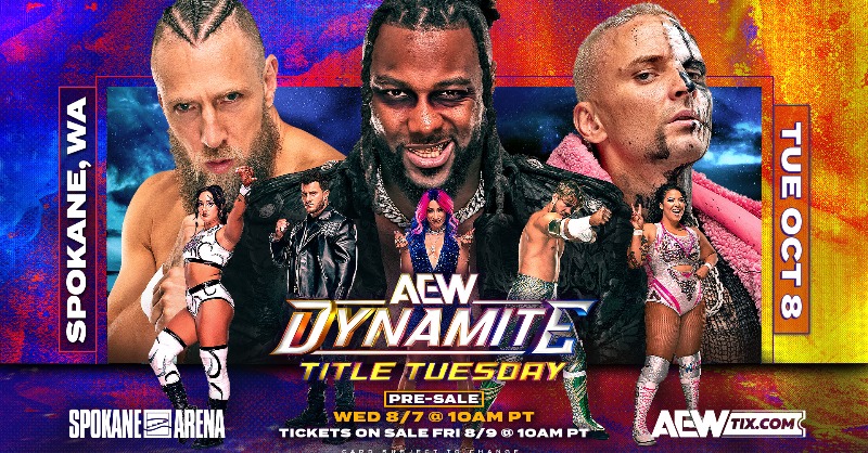 AEW's tweet photo. SPOKANE! @AEW makes its debut with an action-packed night of professional wrestling as AEW Dynamite and AEW Rampage invades Spokane Arena October 8th! Get your tickets now BEFORE they go on sale to the public using code GEN7AEW.