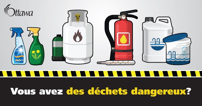 Un graphique avec un fond gris clair et des pictogrammes représentant des pesticides, des réservoirs de propane, un extincteur et des produits chimiques pour piscine. La moitié inférieure du graphique a un fond noir sur lequel est écrit : « Vous avez des déchets dangereux? ».