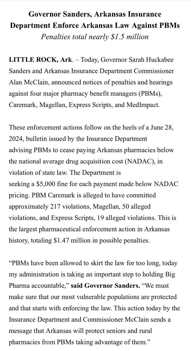 Alexa Henning (@alexahenning) on Twitter photo Gov. <a href="/SarahHuckabee/">Sarah Huckabee Sanders</a> & <a href="/ARInsuranceDept/">AR Insurance Dept.</a> announce notices of penalties against four major pharmacy benefitĀ managers- the largestĀ pharmaceutical enforcement actionĀ in Arkansas history, totalingĀ $1.47M inĀ possibleĀ penalties.Ā
Ā
āPBMs have been allowed to skirt the law for too long, Gov. <a href="/SarahHuckabee/">Sarah Huckabee Sanders</a> & <a href="/ARInsuranceDept/">AR Insurance Dept.</a> announce notices of penalties against four major pharmacy benefitĀ managers- the largestĀ pharmaceutical enforcement actionĀ in Arkansas history, totalingĀ $1.47M inĀ possibleĀ penalties.Ā
Ā
āPBMs have been allowed to skirt the law for too long,