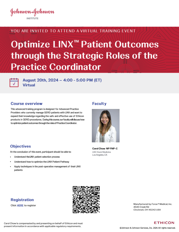 ForegutSociety's tweet photo. 📚August 20th!

Enhance your expertise in managing #GERD patients with #LINX. Join Carol Chow, FNP-C, RNFA, to learn about the strategic roles of Practice Coordinators in optimizing patient outcomes and using #Ethicon products effectively.

Register today: https://t.co/pQ0ysILUsd https://t.co/9BnBt8uGMI