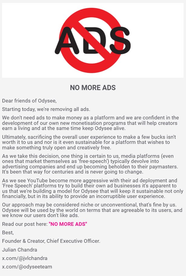 Platforms that depend on advertisers to survive end up being slaves to their paymasters.

Unfortunately, those same platforms can never provide true creative freedom or free speech. They end up being used as political devices or personal PR toys for the rich instead.