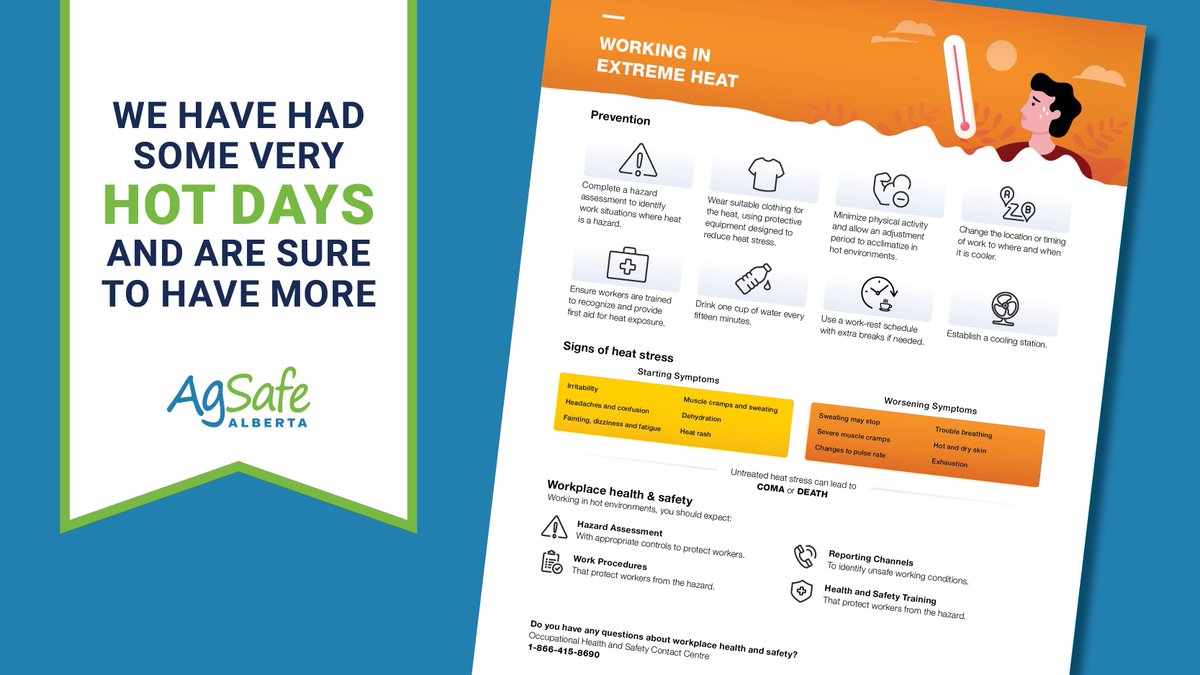 Check out this infographic on the health risks associated with working in the heat, what to watch for &amp; how to prevent heat stress.

ow.ly/3mGA50SSl1P

#agsafety #farmsafety #westcdnag #abfarming  #FarmSafetyEveryday