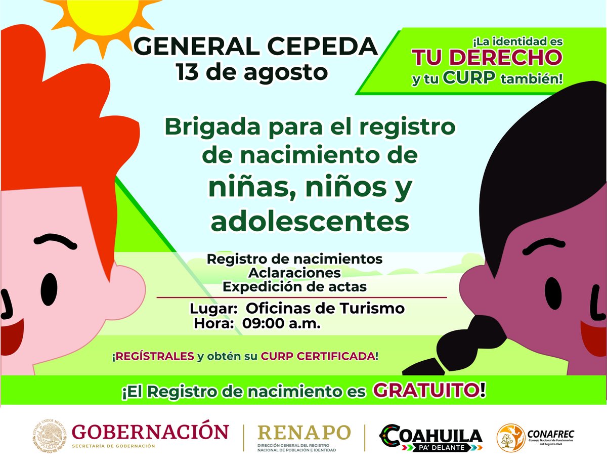 RcivilCoahuila's tweet photo. 📣 ¡ Atención General Cepeda!
Brigada del Registro Civil

Verifica tus documentos y acércate. 

Aprovecha esta oportunidad que te brinda el Gobierno del Estado de llevar nuestros trámites a bajo costo. https://t.co/P0OZ43XQTT