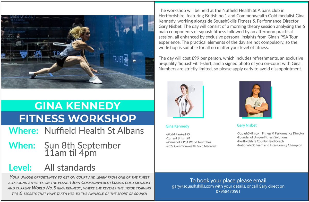 🔥Squash Fitness Workshop🔥
Delighted to announce a one day fitness workshop on Sunday 8th September at Nuffield Health St Albans, with British superstar Gina Kennedy.
See poster below for full info. Feel free to get in touch for further details.
<a href="/ginakennedyy/">Gina Kennedy</a> <a href="/NuffSquashHerts/">Nuffield St Albans Squash</a>