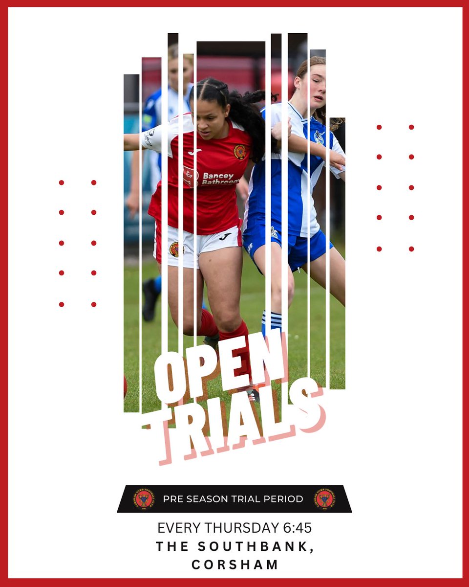 Corsham Town WFC  are holding open trials now until the 1st of September.  Must be 16 plus, all welcome. 

After the success of our season last year, we are looking to grow our squad in preparation for the 24/25 season. 

If you wish to attend, please contact us to let us know.