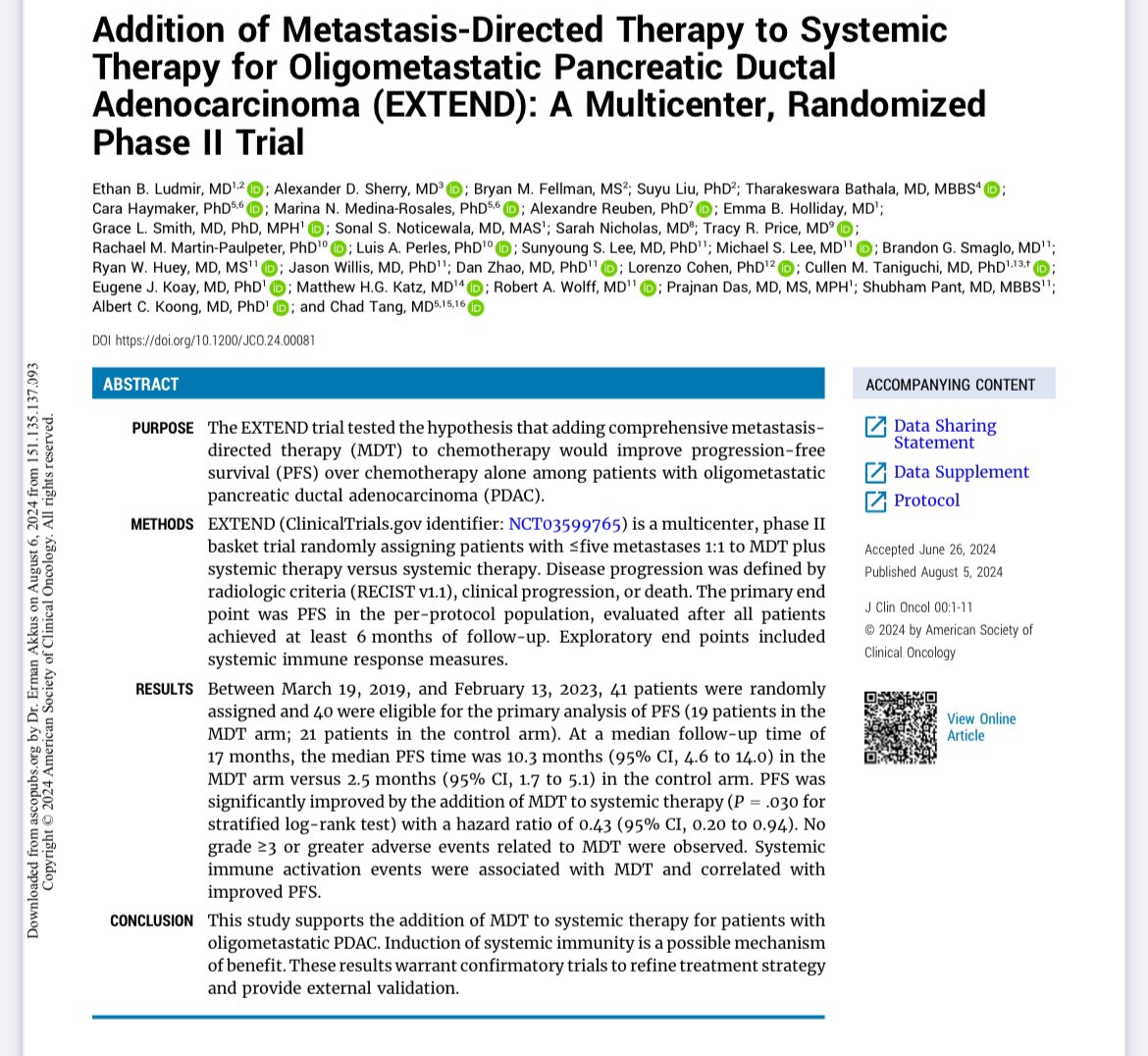 Erman_Akkus's tweet photo. 📢Addition of local therapy (RT)  in oligometastatic (≤5) pancreatic cancer
  EXTEND trial @JCO_ASCO 

✅mPFS: 10.3 mo vs. 2.5 mo
HR: 0.43 (95% CI, 0.20 to 0.94), p=0.030
⁉���Systemic immune activation
❌No OS difference 

👉https://t.co/wDvPBgJYrP

@ASCO @JCOOP_ASCO @P_C_E_ @PanCAN @5_utr @OncoAlert #cancer #oncology #MedX