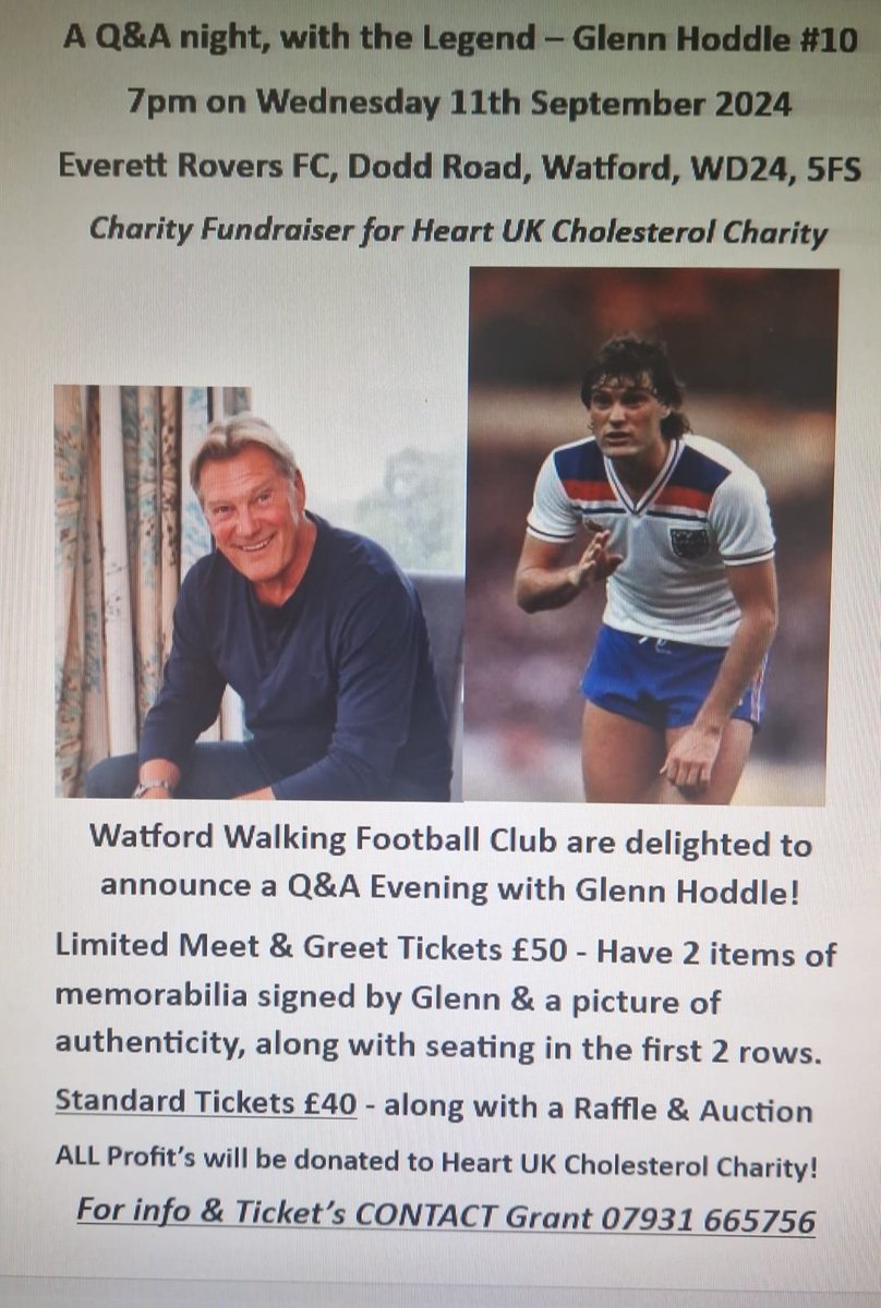 MrCracknell's tweet photo. Watford 

Wednesday 11th September 

The one and only Glenn Hoddle is coming to town.

All profits going to a worthy cause 

Details on how to get your tickets on the poster below ⬇️⬇️ https://t.co/QaMjd8lQ8D