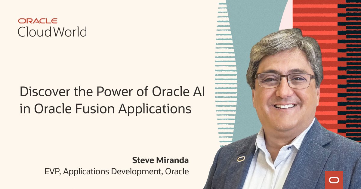 AdamCharlesT's tweet photo. Join Steve Miranda at #CloudWorld to learn how easy it is to get started with AI in Fusion Applications and how the right partner can help you unlock the enormous potential of AI: https://t.co/kcJlY7J0om https://t.co/K6vxttmQQb