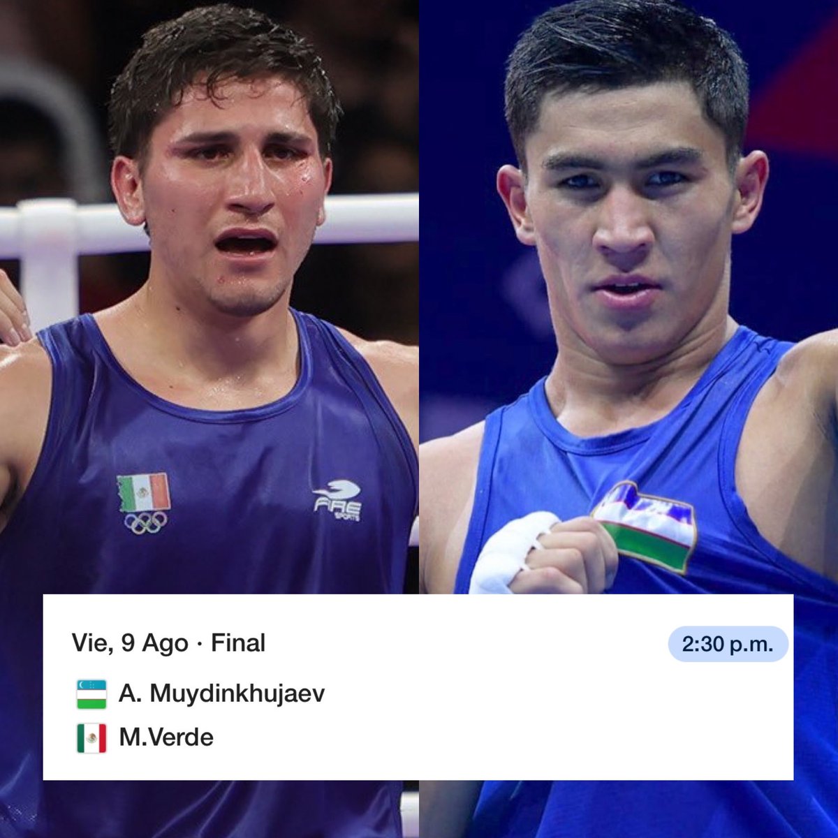 CerebrosG's tweet image. Todo México tiene una cita muy importante el próximo viernes 9 de agosto.

México vs Uzbekistán la gran final de box.

El mexicano Marcó Verde va en busca del oro olímpico.

La emoción de todo el país está a tope…¡VENGA MARCO!