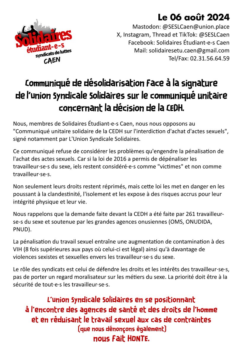 Communiqué de désolidarisation face à la signature de l'Union Syndicale Solidaires sur le communiqué unitaire concernant la décision de la #CEDH sur l'interdiction d'achat d'actes sexuels. ⤵️ (1/8)
