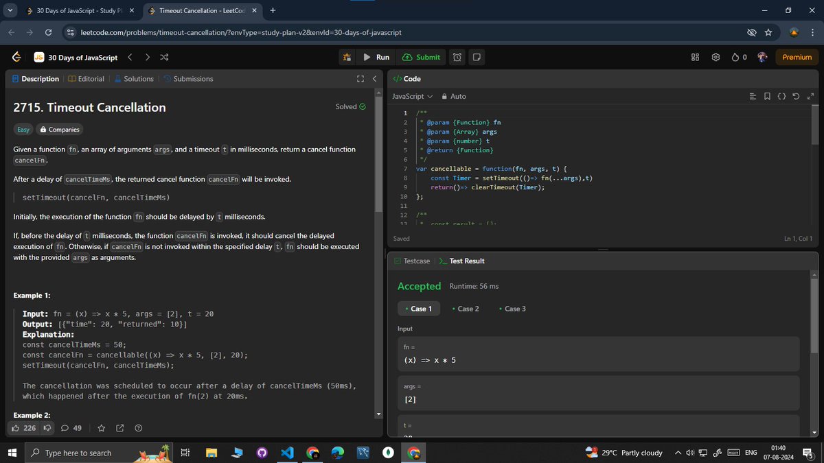 thakurdau2022's tweet image. Day 14 of #30DaysofJavascript: Conquering LeetCode! #30daycoding
@LeetCode : POTD (Done ✅)
Problem 14) #2715: "Timeout Cancellation" 💪
Part of my #100DaysOfCode
#JavaScript #LeetCode #CodeChallenge #FunctionalProgramming #DeveloperLife #hiring #day14
Let's connect and code