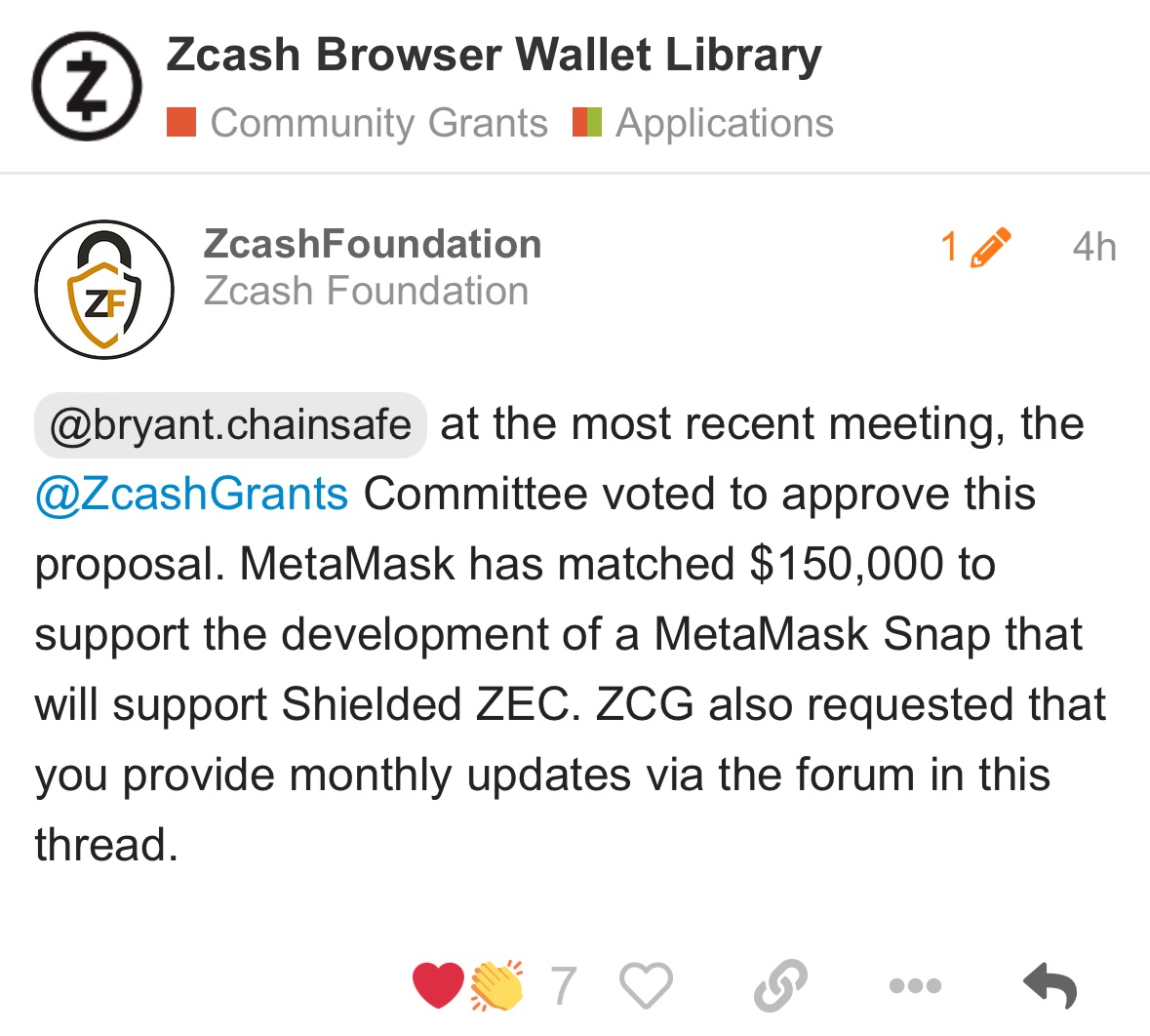 zooko's tweet image. Whoo-hoo! Zcash coming to MetaMask thanks to MetaMask and the Zcash Community Grants Committee!

forum.zcashcommunity.com/t/zcash-browse…