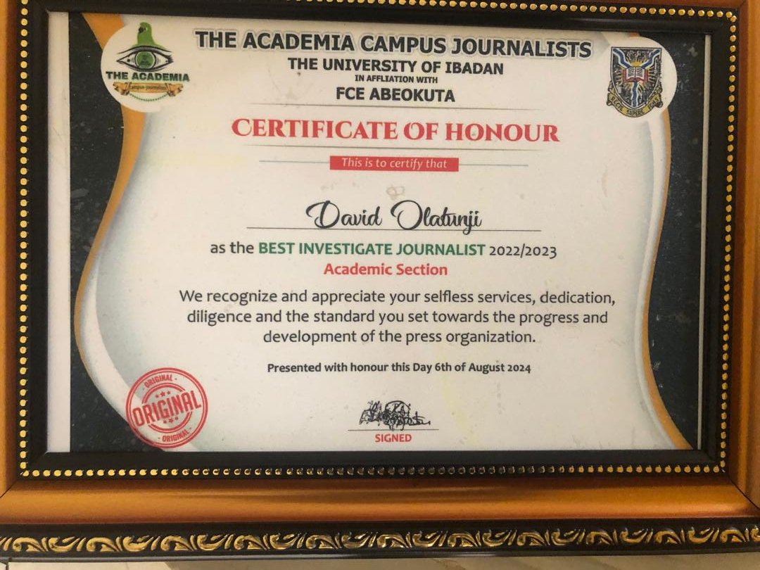 david_tijesuni's tweet image. I am glad to announce that I was awarded the "Best Investigative Journalist" of 22/23 session at the @TheAcademiaCJ annual Symposium that was held today.
Thanks to @Mazi_OJD @AdejumoKabir2 who has been a source of inspiration to my past investigative stories in my Campus.