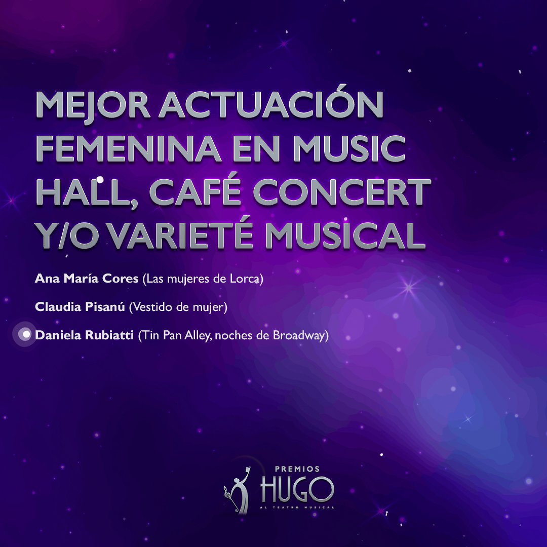 Nominaciones a MEJOR ACTUACIÓN FEMENINA EN MUSIC HALL, CAFÉ CONCERT Y/O VARIETÉ MUSICAL
Premios Hugo - Temporada 2023-2024

#premioshugo #premios #teatromusical #teatro #espectaculos
#musicaltheatre #awards #shows