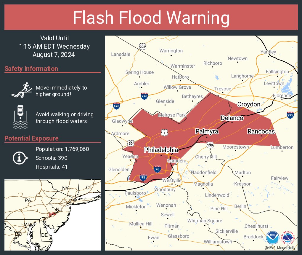 Flash Flood Warning including Philadelphia PA, Croydon PA and  Palmyra NJ until 1:15 AM EDT