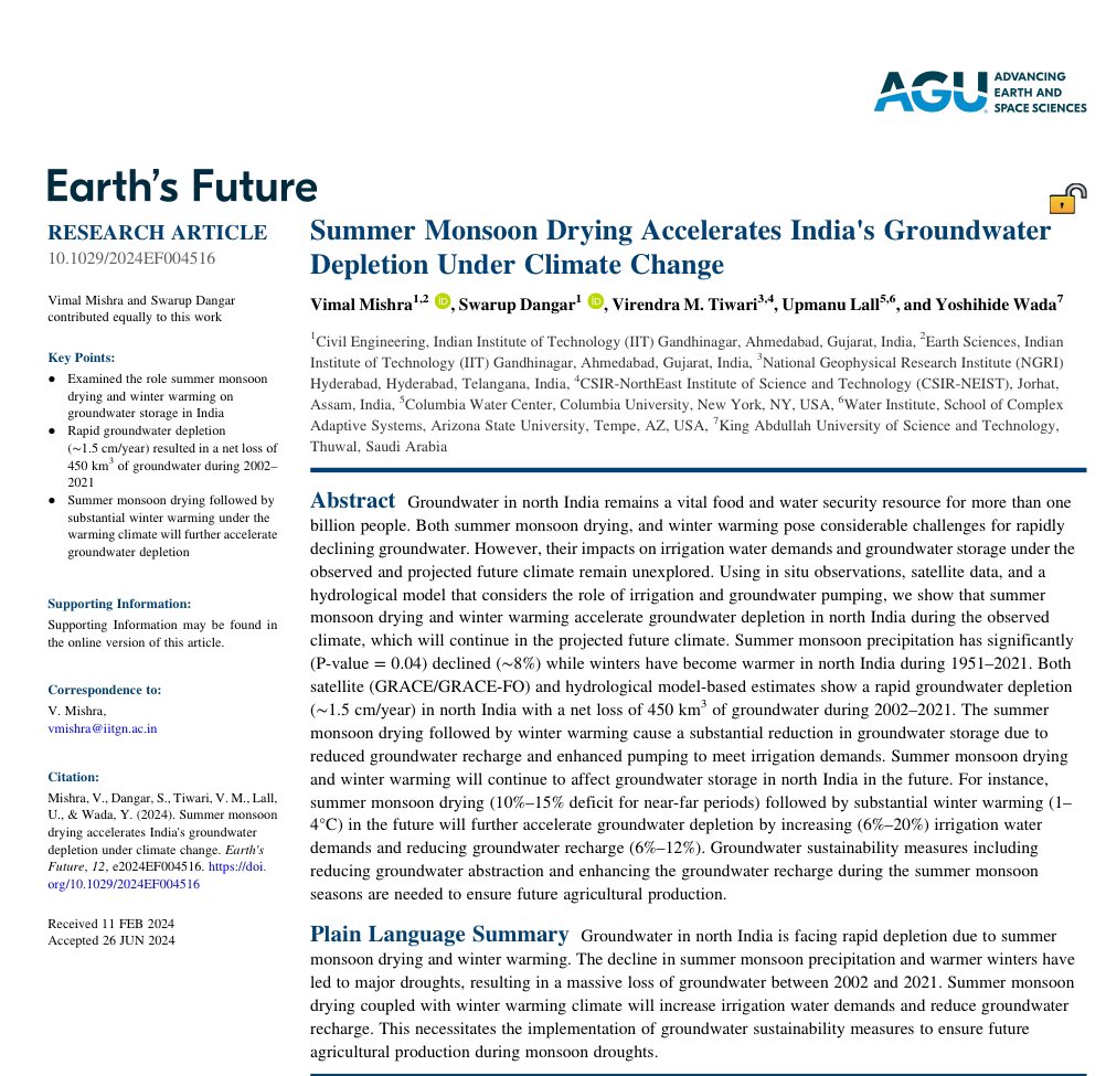 Vimal Mishra (@vmishraiit) on Twitter photo We are pleased to share our recent study on: Summer Monsoon Drying Accelerates India's Groundwater Depletion Under Climate Change that has appeared in Earthโs Future (<a href="/theAGU/">AGU (American Geophysical Union)</a>)! We show that climate warming combined with weaker summer monsoon can accelerate groundwater depletion! We are pleased to share our recent study on: Summer Monsoon Drying Accelerates India's Groundwater Depletion Under Climate Change that has appeared in Earthโs Future (<a href="/theAGU/">AGU (American Geophysical Union)</a>)! We show that climate warming combined with weaker summer monsoon can accelerate groundwater depletion!