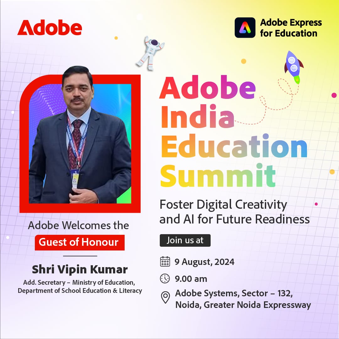 Thrilled and honoured to have <a href="/vipinkumarIAS/">Vipin Kumar</a> join us as Guest of Honour for our Adobe India Education Summit on 9-Aug. 
His vision on use of technology for skilling students towards Viksit Bharat is a guiding light to transform Education. 
<a href="/EduMinOfIndia/">Ministry of Education</a> <a href="/rohanmitra06/">Rohan Mitra</a> <a href="/Malasharma/">Mala Sharma</a>