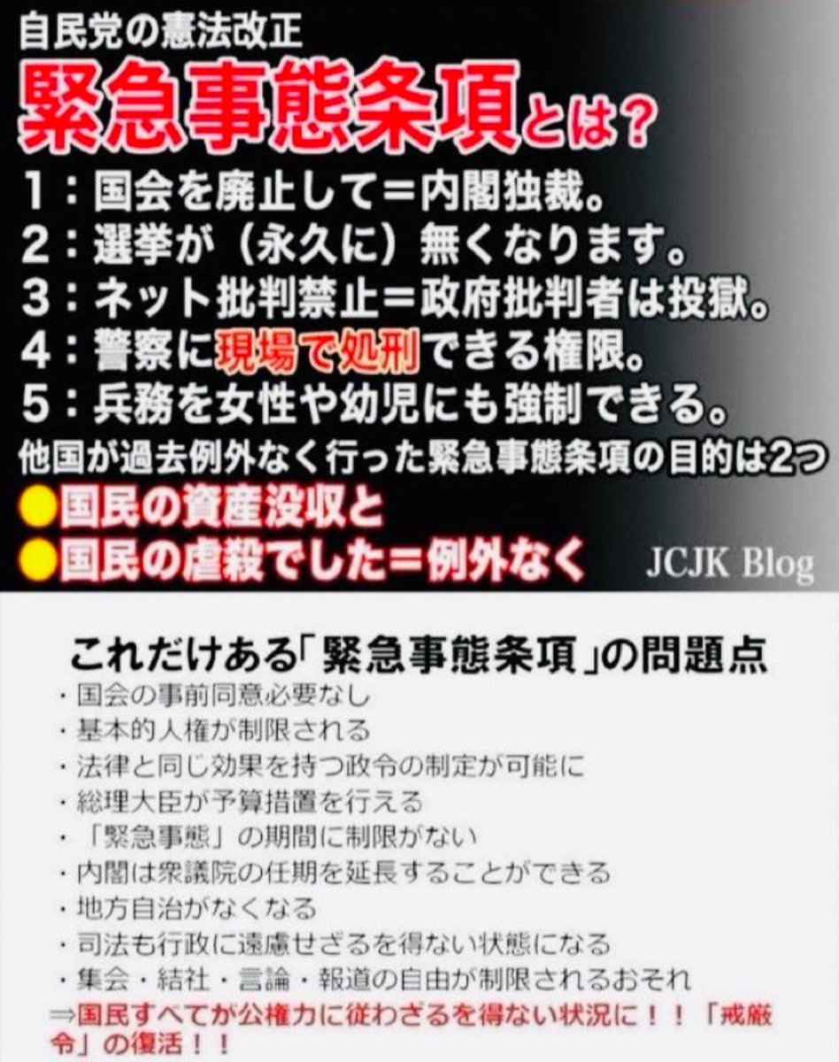 vQMdJDNtC1ucykk's tweet photo. いいんですか？

緊急事態条項は、

裏金統一自民党への
『全権委任』ですよ。

本当に、いいんですか？

#緊急事態条項を白紙撤回して下さい

#緊急事態条項の強行採決は許さない https://t.co/rYnm66Vq38