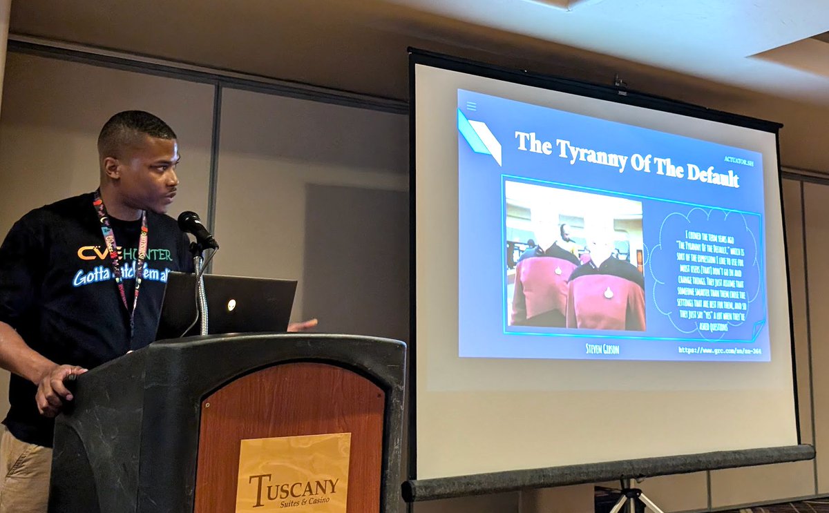 McDwayne's tweet photo. My brain feels full,
but I have room for one last #PasswordsCon talk today
CVE Hunting: Wi-Fi Routers, OSINT & 'The Tyranny of the Default'
from Actuator, aka Edward Warren
#BSidesLV
#BSides https://t.co/sKDonsCPcz