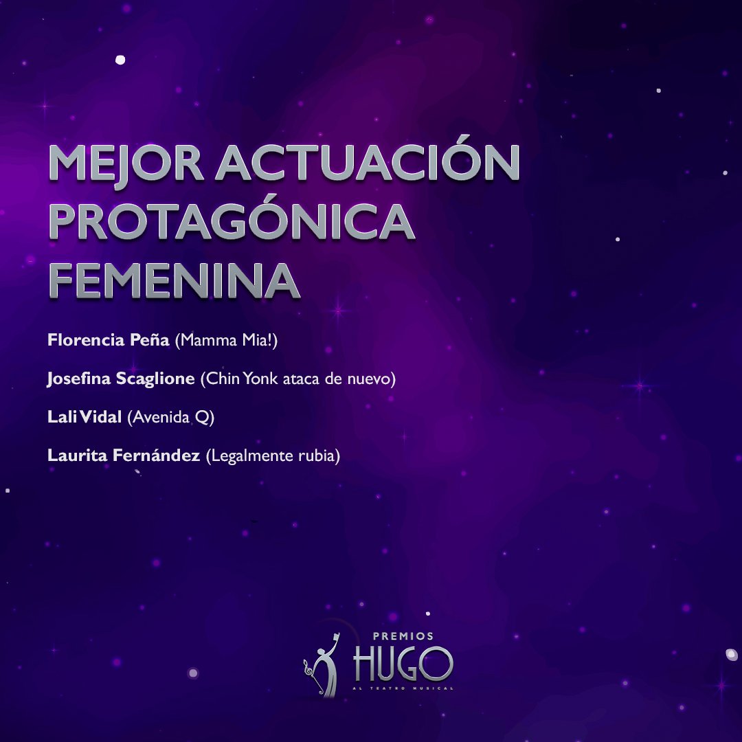 Nominaciones a MEJOR ACTUACIÓN PROTAGÓNICA FEMENINA
Premios Hugo - Temporada 2023-2024

#premioshugo #premios #teatromusical #teatro #espectaculos
#musicaltheatre #awards #shows