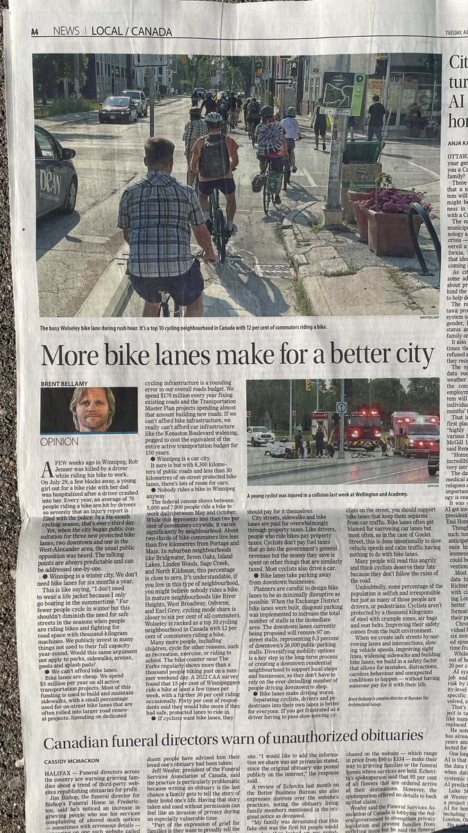 My column. Response to anti-bike lane talking points

• We can’t afford them.
• Nobody rides a bike.
• Winnipeg is a winter city.
• Winnipeg is a car city.
• Cyclists should pay for them.
• They take parking from business.
• They make driving worse.
winnipegfreepress.com/local/2024/08/…
