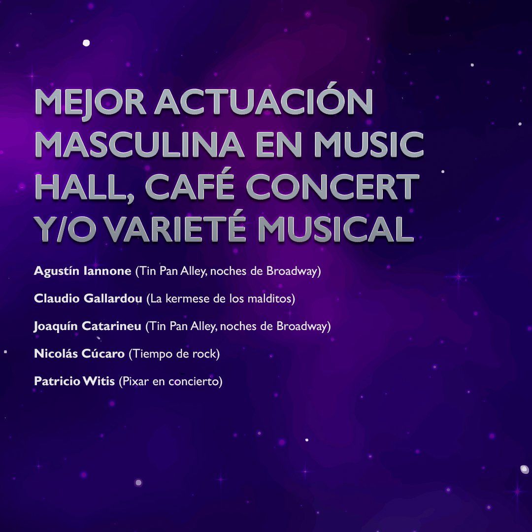 Nominaciones a MEJOR ACTUACIÓN MASCULINA EN MUSIC HALL, CAFÉ CONCERT Y/O VARIETÉ MUSICAL
Premios Hugo - Temporada 2023-2024

#premioshugo #premios #teatromusical #teatro #espectaculos
#musicaltheatre #awards #shows