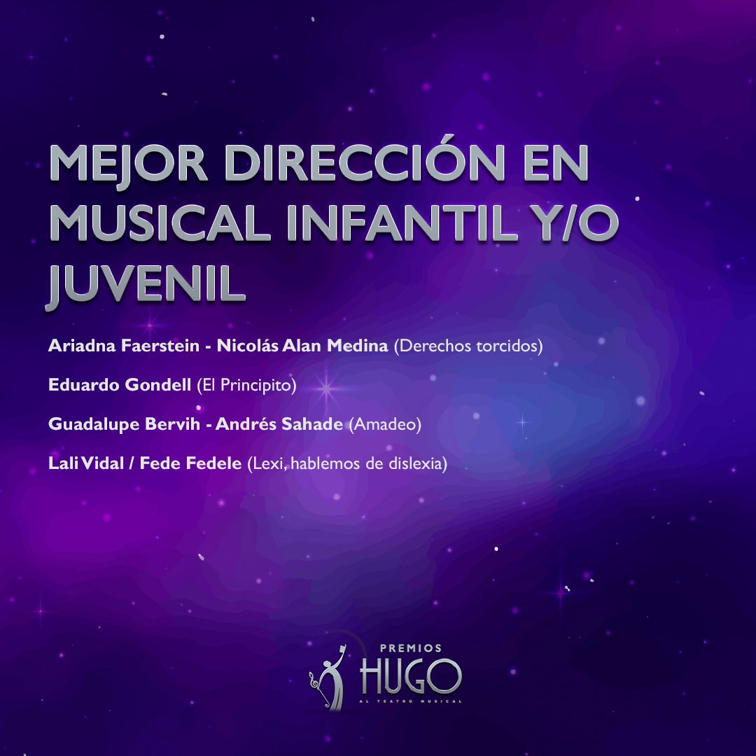 Nominaciones a MEJOR DIRECCIÓN EN MUSICAL INFANTIL Y/O JUVENIL
Premios Hugo - Temporada 2023-2024

#premioshugo #premios #teatromusical #teatro #espectaculos
#musicaltheatre #awards #shows