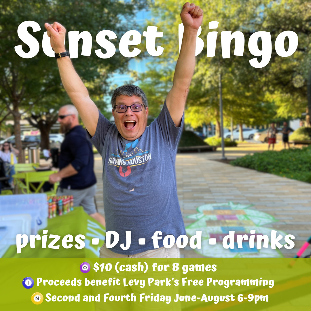 levyparkhouston's tweet photo. Join us at Levy Park on 8/9 & 8/23 for Sunset Bingo Nights! Enjoy DJ Del Sur's beats, tasty bites, and awesome prizes. Sales start at 6pm, first game at 7pm. $10 cash for 8 games. See you there! ๐
๐ #LevyPark #BingoNight https://t.co/QhtJbHcLkV