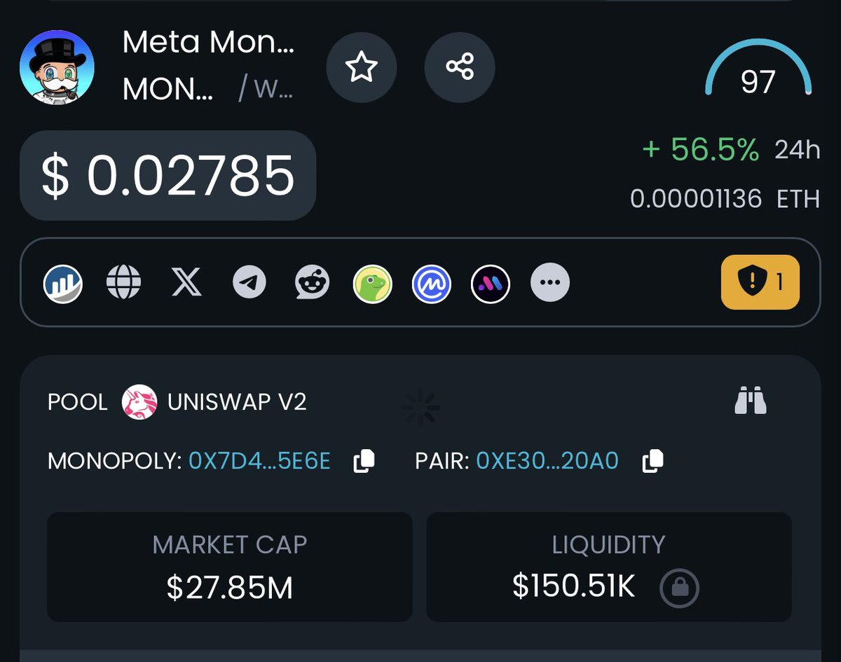 Introducing #MetaMonopoly it is currently sitting around $30 Million mcap - it’s on ETH chain with $150K in liquidity. 

Their main twitter account is <a href="/metamonopoly/">Meta Monopoly</a> been around for about one week and has a 97 score on dextools. 

Always keep in mind that smaller cap coins have
