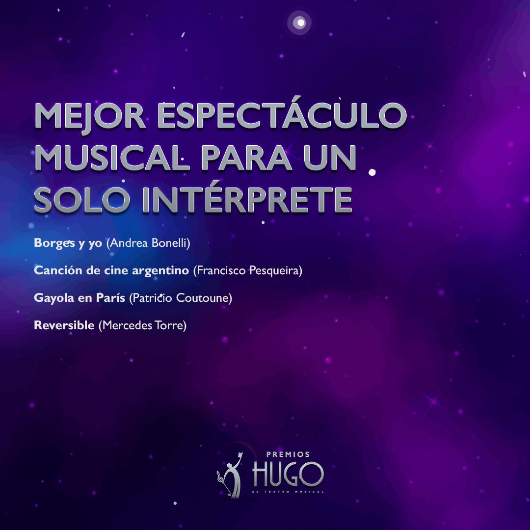 Nominaciones a MEJOR ESPECTÁCULO MUSICAL PARA UN SOLO INTÉRPRETE
Premios Hugo - Temporada 2023-2024

#premioshugo #premios #teatromusical #teatro #espectaculos
#musicaltheatre #awards #shows