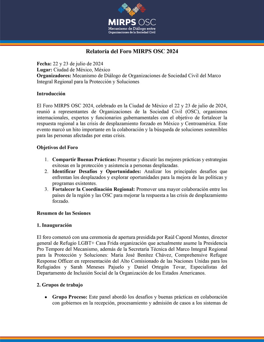 OSCMirps's tweet photo. Los días 22 y 23 de julio se realizó el FORO MIRPS OSC 2024, compartimos una relatoría con lo más relevante durante el evento, así como las principales conclusiones del mismo. 😀 https://t.co/3QRVKeTFnE