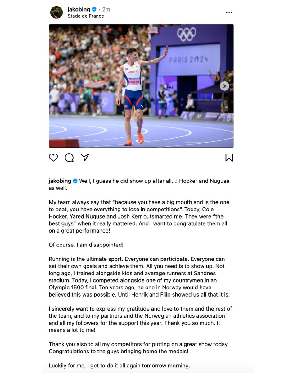 🇳🇴 Jakob Ingebrigtsen congratulates Cole Hocker, Josh Kerr and Yared Nuguse in a lengthy Instagram post. 

"Well, I guess he did show up after all…! Hocker and Nuguse as well.
 
My team always say that “because you have a big mouth and is the one to beat, you have everything to