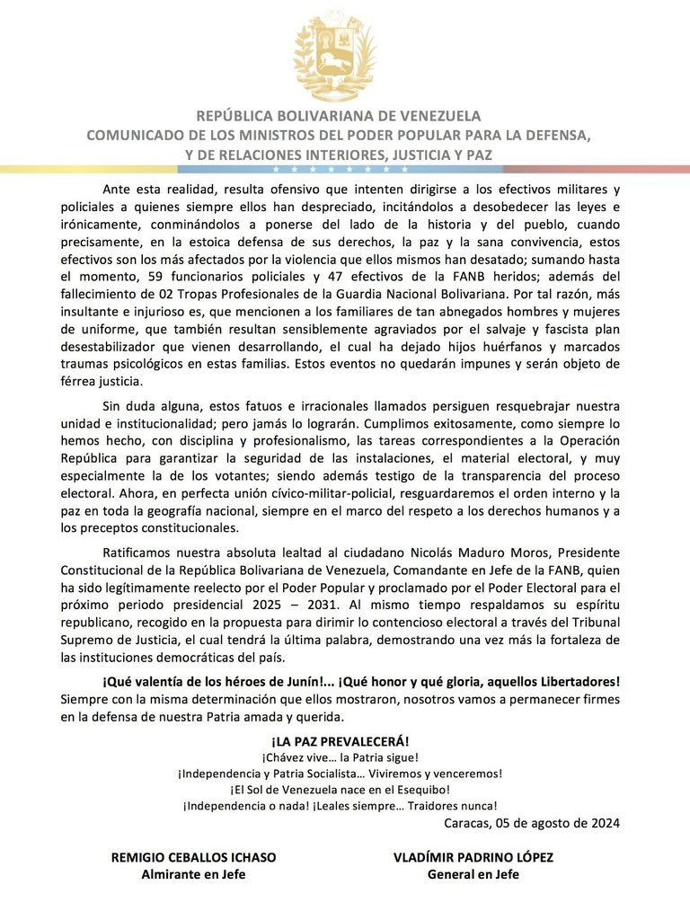 La lealtad de la Fuerza Armada Nacional Bolivariana está estrechamente ligada al deber y al honor manifestado en la actitud del cumplimiento cabal de nuestros compromisos. 
Ese mismo sector que por años ha despreciado a efectivos militares y policiales, hoy pretenden lavarse la