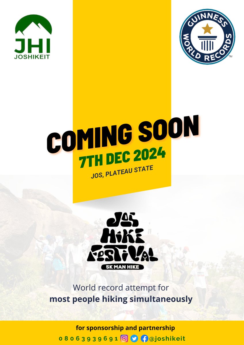 Jerry Doubles (@jerrydoubles) on Twitter photo On December 7, 2024, @JosHikeIt will attempt to break the <a href="/GWR/">Guinness World Records</a> for "most people hiking simultaneously", a record currently held by a group in Iraq with 815 participants.
Themed "Jos Hike Festival," this event aims to showcase the peace and unity enjoyed in the state. On December 7, 2024, @JosHikeIt will attempt to break the <a href="/GWR/">Guinness World Records</a> for "most people hiking simultaneously", a record currently held by a group in Iraq with 815 participants.
Themed "Jos Hike Festival," this event aims to showcase the peace and unity enjoyed in the state.
