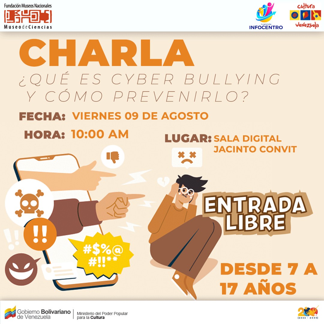 #Entérate | <a href="/Museo_ciencias/">Museo de Ciencias 🦠</a> e Infocentro ofrecerán charla sobre cyberbullying. 

✅La actividad se realizará este viernes en la Sala Digital Jacinto Convit a las 10:00 de la mañana.

Conoce más detalles ➡️ tinyurl.com/3j5ufky5

#ChaoWhatsApp