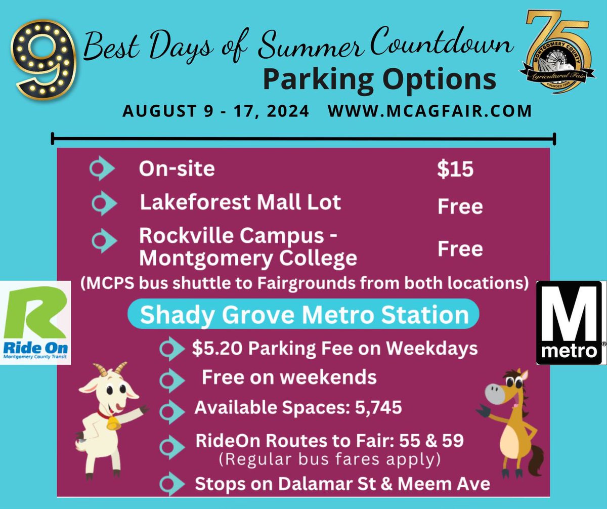 MOCOFAIR's tweet photo. 🎉 Just 3 days until the 75th @MOCOFAIR kicks off Friday at 3:00 pm! 🎡
🚨New🚨 Enjoy 2 🆓 parking options with free shuttle bus transportation to the Fair! Park at Lakeforest Mall or Rockville Campus, Montgomery College. 🚗💰 Or park at Shady Grove Metro and hop on Ride On Bus! https://t.co/eFE6clhHm5